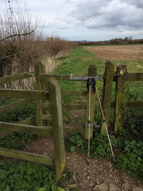 walking poles propped against stile - Glastonbury Tor in the distance ahead