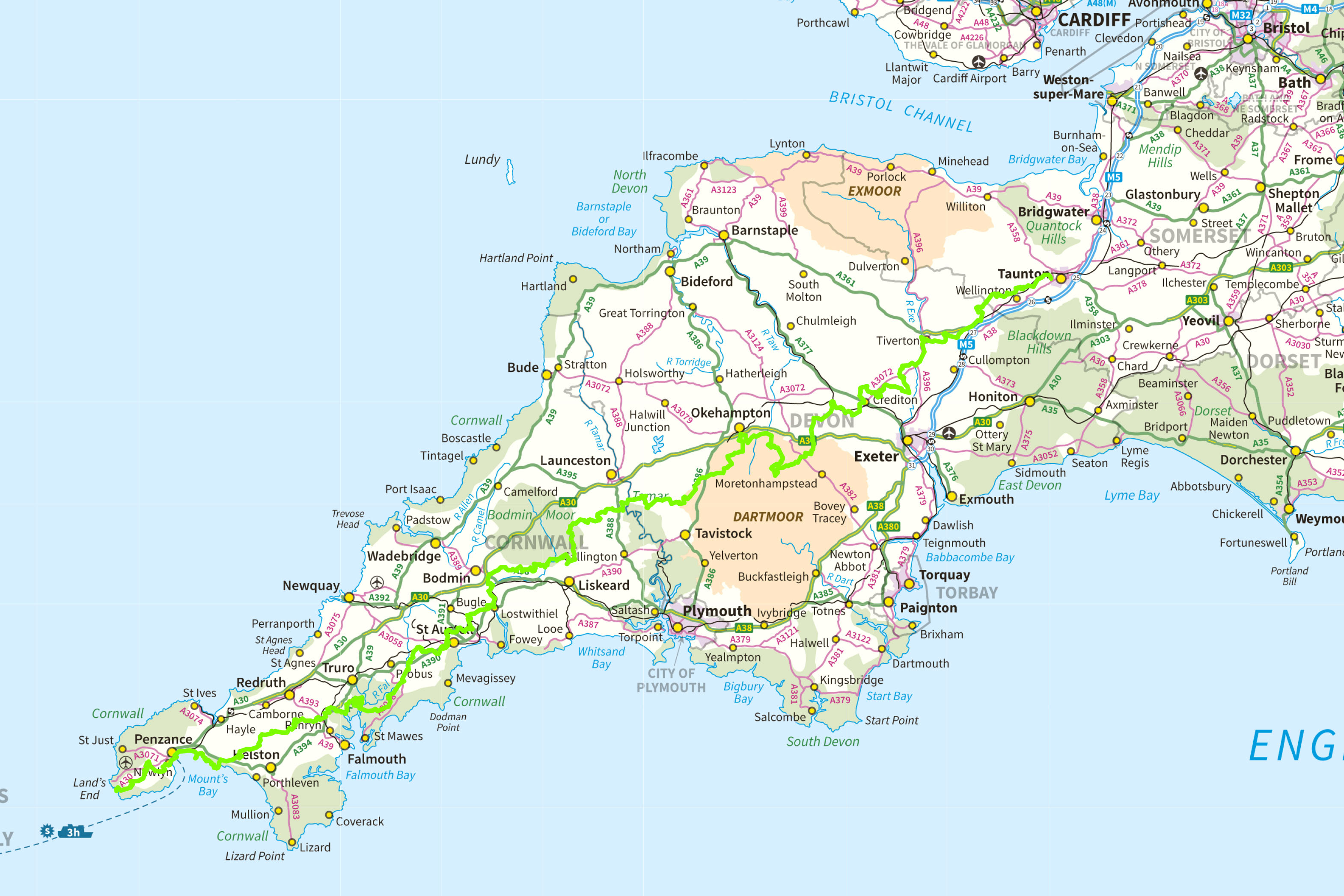 map of Cornwall and Devon with green line showing route walked to Taunton