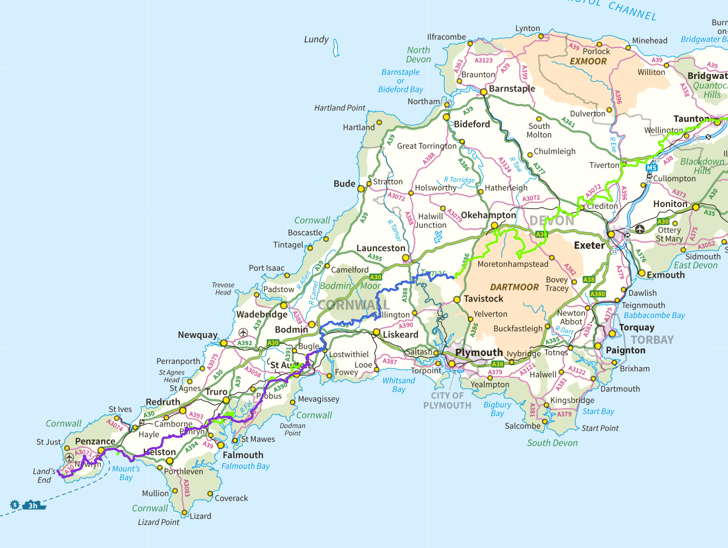 map of Cornwall with route marked in blue and purple